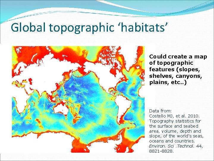 Global topographic ‘habitats’ Could create a map of topographic features (slopes, shelves, canyons, plains,