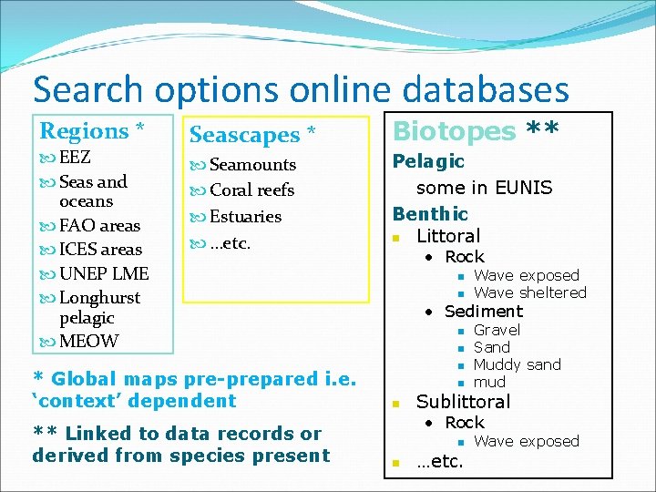 Search options online databases Regions * EEZ Seas and oceans FAO areas ICES areas