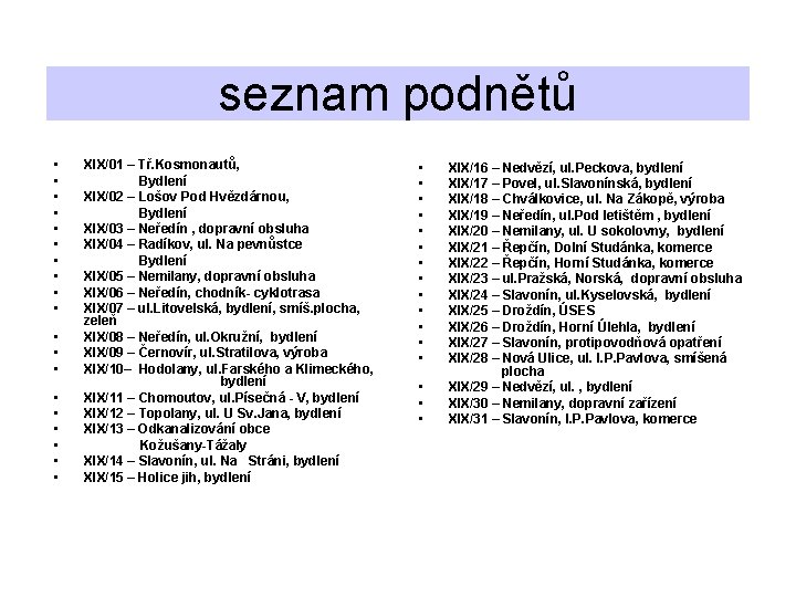 seznam podnětů • • • • • XIX/01 – Tř. Kosmonautů, Bydlení XIX/02 –