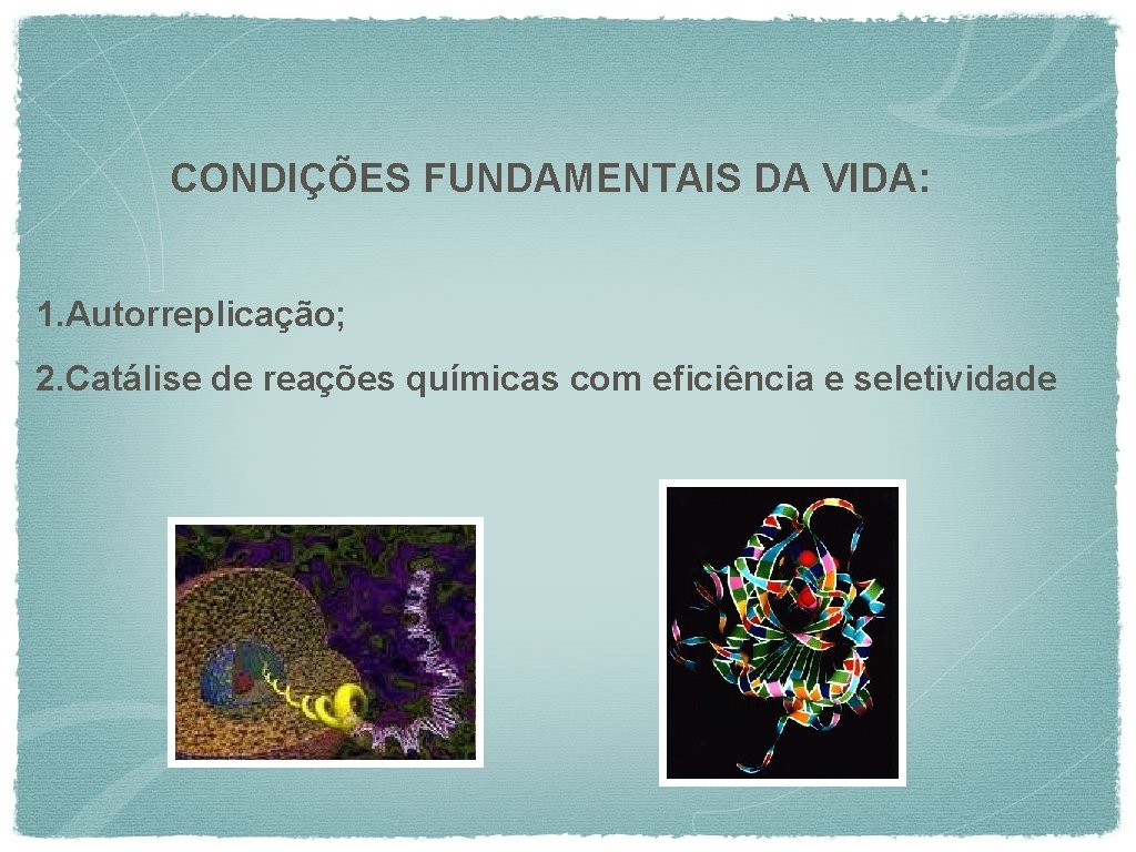 CONDIÇÕES FUNDAMENTAIS DA VIDA: 1. Autorreplicação; 2. Catálise de reações químicas com eficiência e