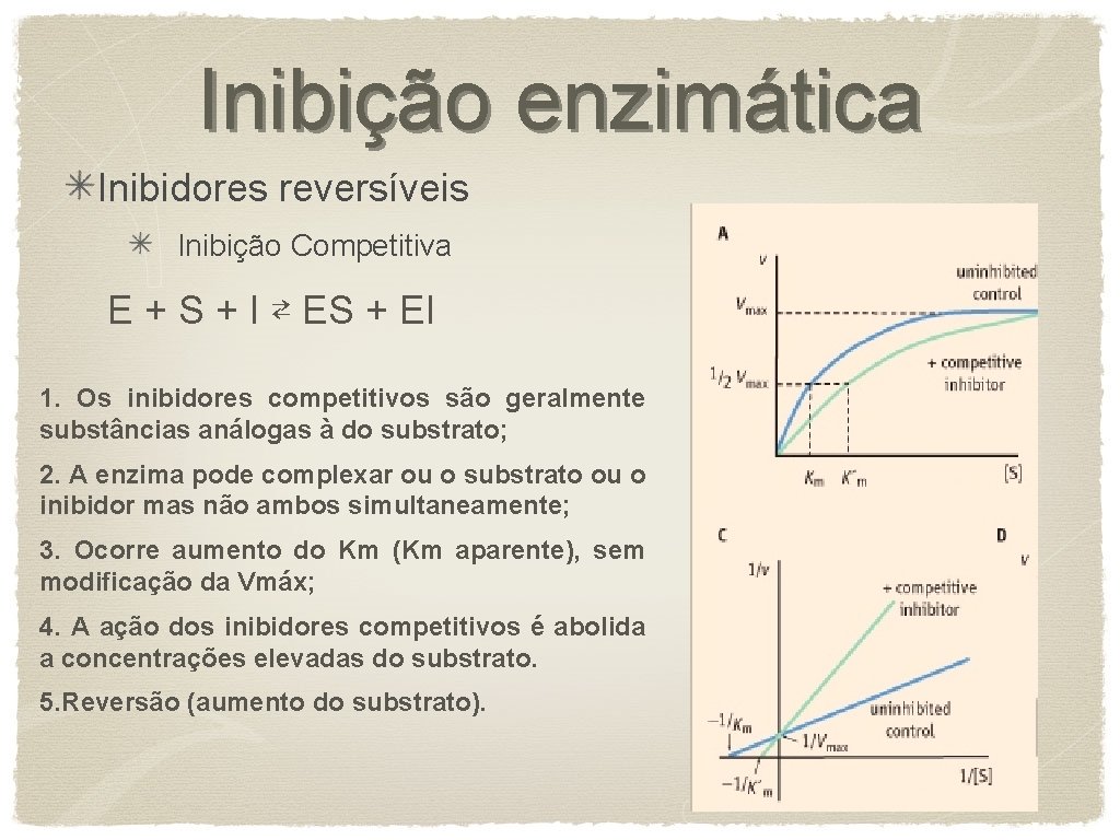 Inibição enzimática Inibidores reversíveis Inibição Competitiva E + S + I ⇄ ES +