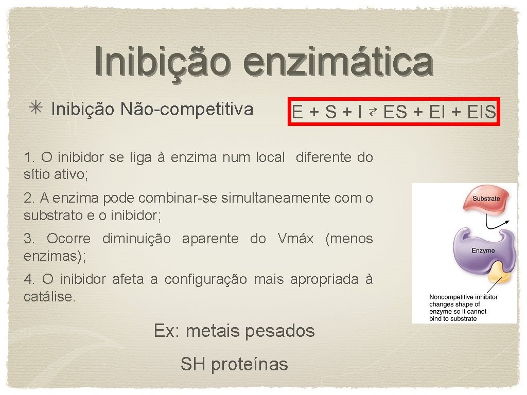 Inibição enzimática Inibição Não-competitiva E + S + I ⇄ ES + EIS 1.