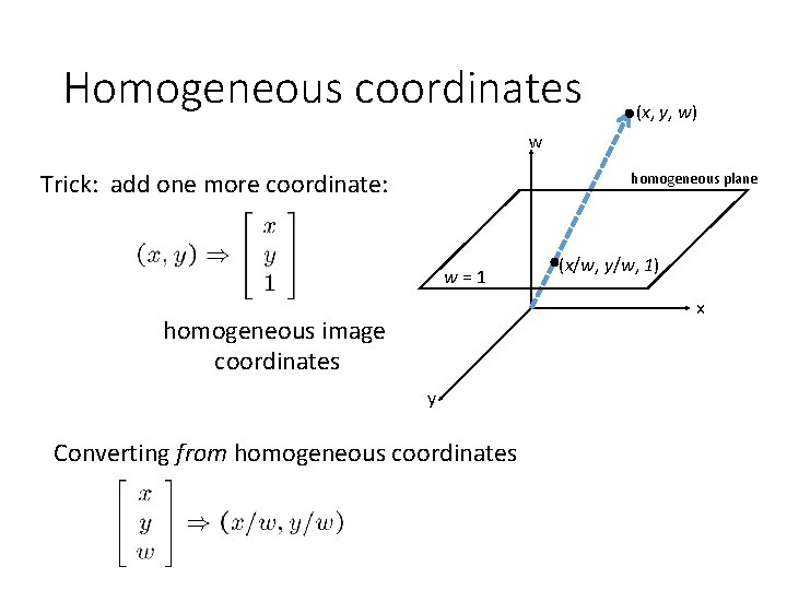 Homogeneous coordinates (x, y, w) w Trick: add one more coordinate: homogeneous plane w