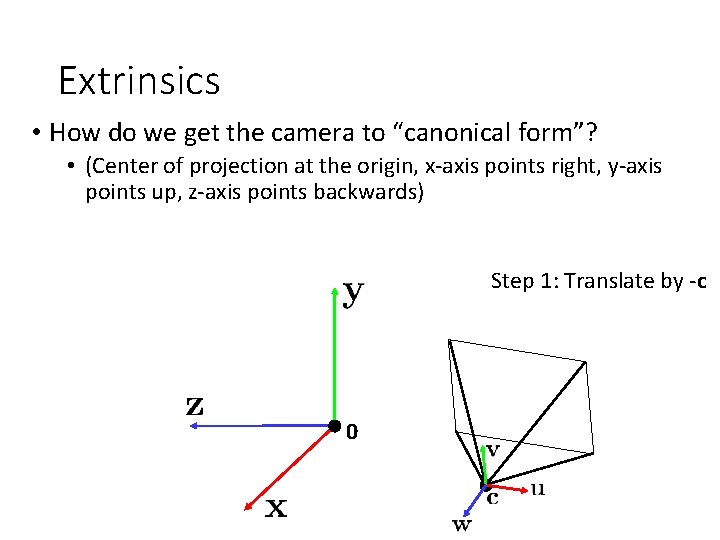 Extrinsics • How do we get the camera to “canonical form”? • (Center of