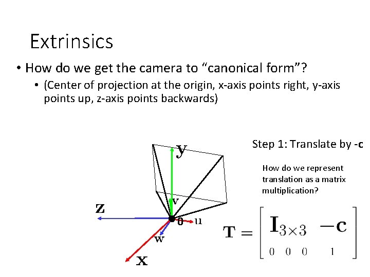 Extrinsics • How do we get the camera to “canonical form”? • (Center of
