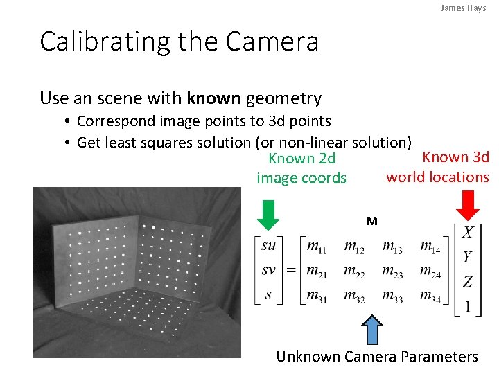 James Hays Calibrating the Camera Use an scene with known geometry • Correspond image
