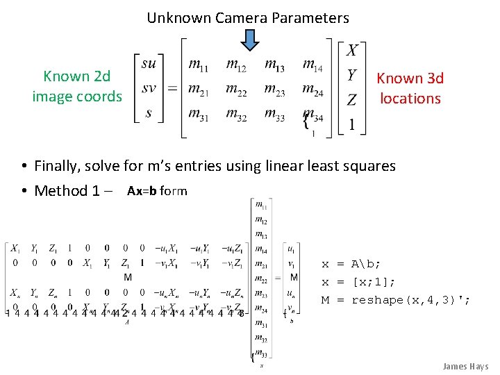 Unknown Camera Parameters Known 2 d image coords Known 3 d locations • Finally,