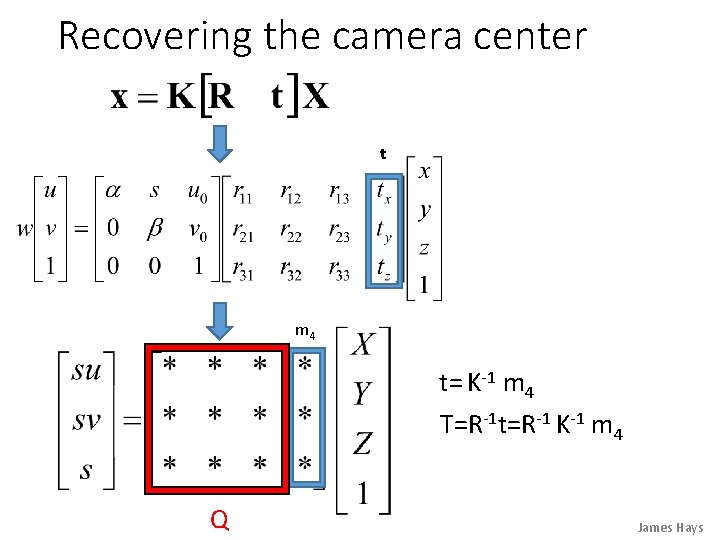Recovering the camera center t m 4 t= K-1 m 4 T=R-1 t=R-1 K-1