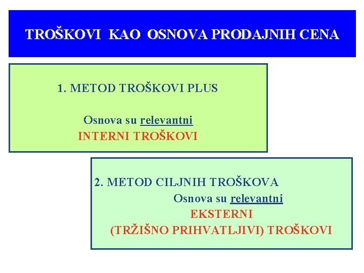 TROŠKOVI KAO OSNOVA PRODAJNIH CENA 1. METOD TROŠKOVI PLUS Osnova su relevantni INTERNI TROŠKOVI