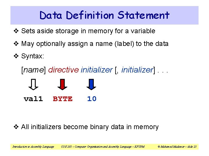 Data Definition Statement v Sets aside storage in memory for a variable v May