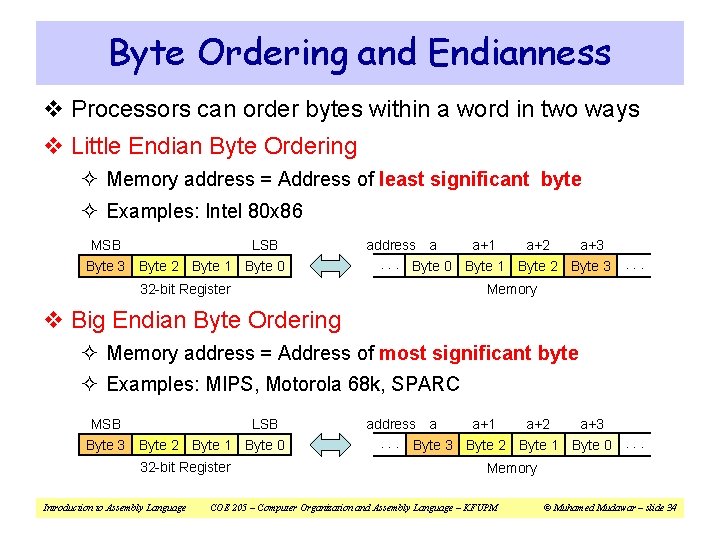 Byte Ordering and Endianness v Processors can order bytes within a word in two