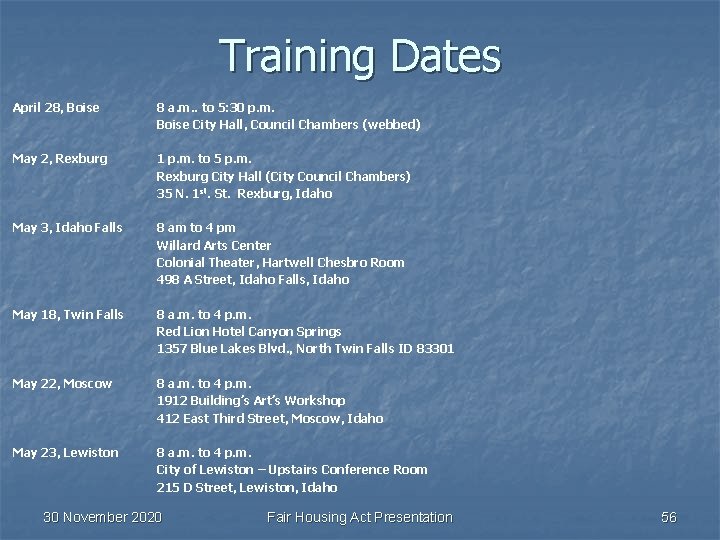 Training Dates April 28, Boise May 2, Rexburg May 3, Idaho Falls May 18,