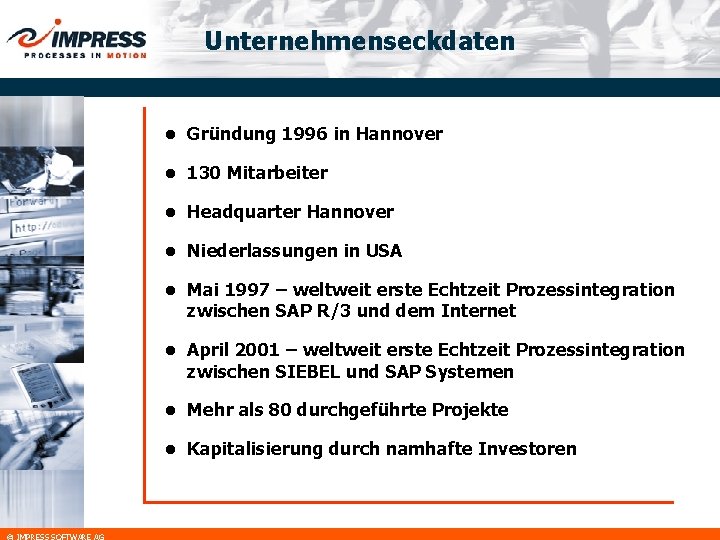 Unternehmenseckdaten © IMPRESS SOFTWARE AG l Gründung 1996 in Hannover l 130 Mitarbeiter l