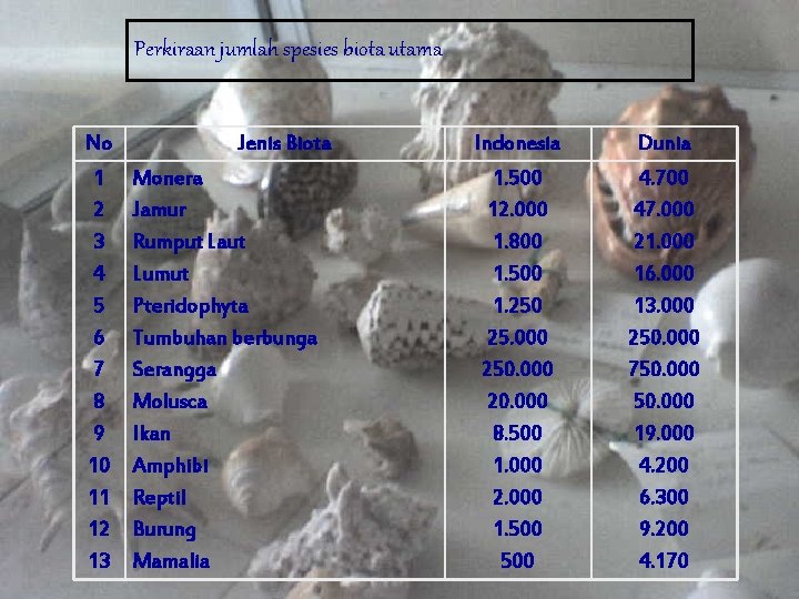 Perkiraan jumlah spesies biota utama No 1 2 3 4 5 6 7 8