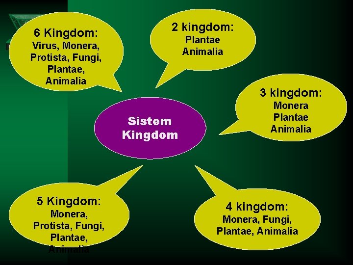 6 Kingdom: 2 kingdom: Plantae Animalia Virus, Monera, Protista, Fungi, Plantae, Animalia 3 kingdom: