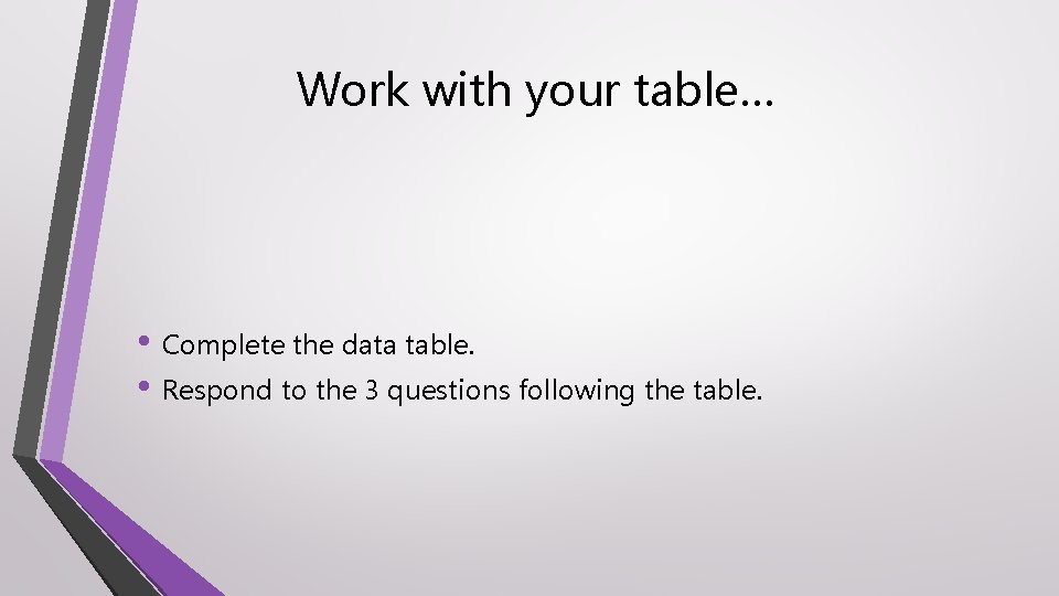 Work with your table… • Complete the data table. • Respond to the 3