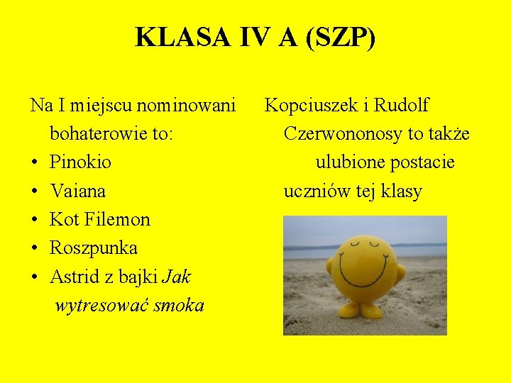 KLASA IV A (SZP) Na I miejscu nominowani bohaterowie to: • Pinokio • Vaiana