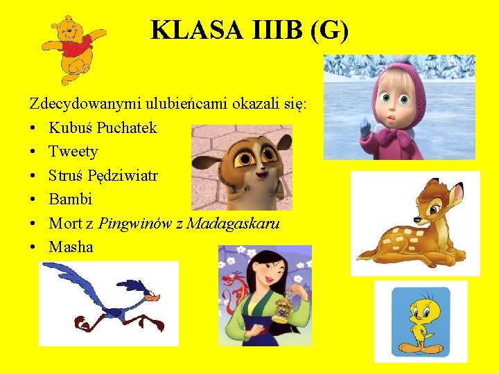 KLASA IIIB (G) Zdecydowanymi ulubieńcami okazali się: • Kubuś Puchatek • Tweety • Struś