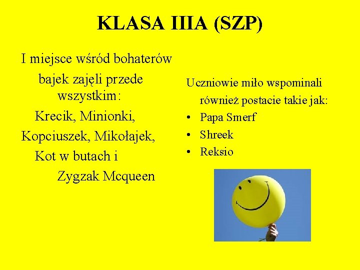 KLASA IIIA (SZP) I miejsce wśród bohaterów bajek zajęli przede wszystkim: Krecik, Minionki, Kopciuszek,