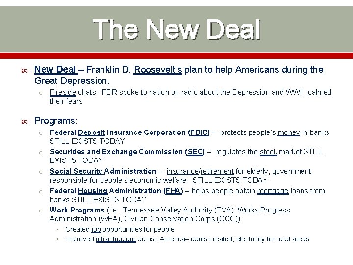 The New Deal – Franklin D. Roosevelt’s plan to help Americans during the Great