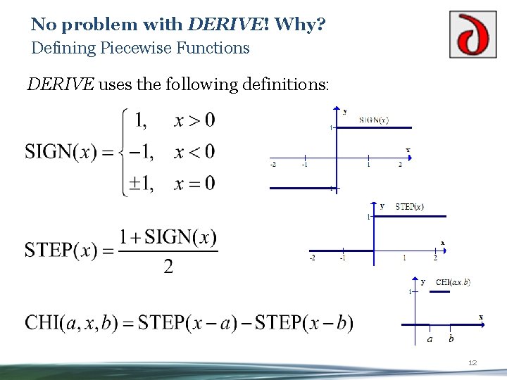 No problem with DERIVE! Why? Defining Piecewise Functions DERIVE uses the following definitions: 12