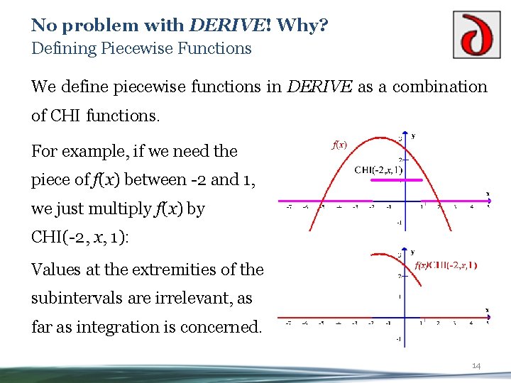 No problem with DERIVE! Why? Defining Piecewise Functions We define piecewise functions in DERIVE