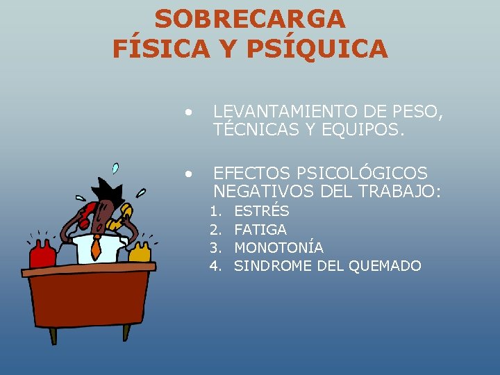 SOBRECARGA FÍSICA Y PSÍQUICA • LEVANTAMIENTO DE PESO, TÉCNICAS Y EQUIPOS. • EFECTOS PSICOLÓGICOS