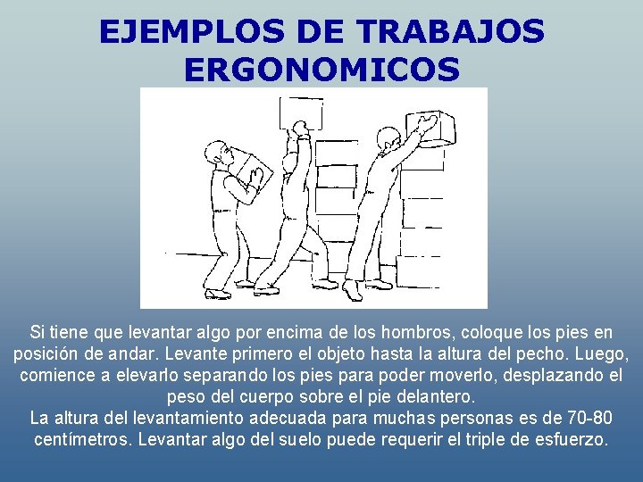 EJEMPLOS DE TRABAJOS ERGONOMICOS Si tiene que levantar algo por encima de los hombros,