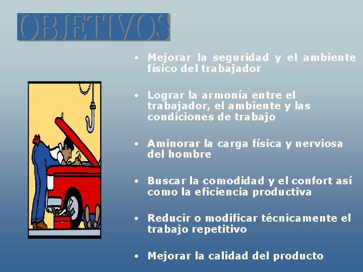  • Mejorar la seguridad y el ambiente físico del trabajador • Lograr la