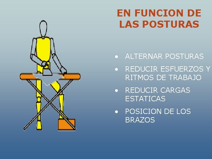 EN FUNCION DE LAS POSTURAS • ALTERNAR POSTURAS • REDUCIR ESFUERZOS Y RITMOS DE