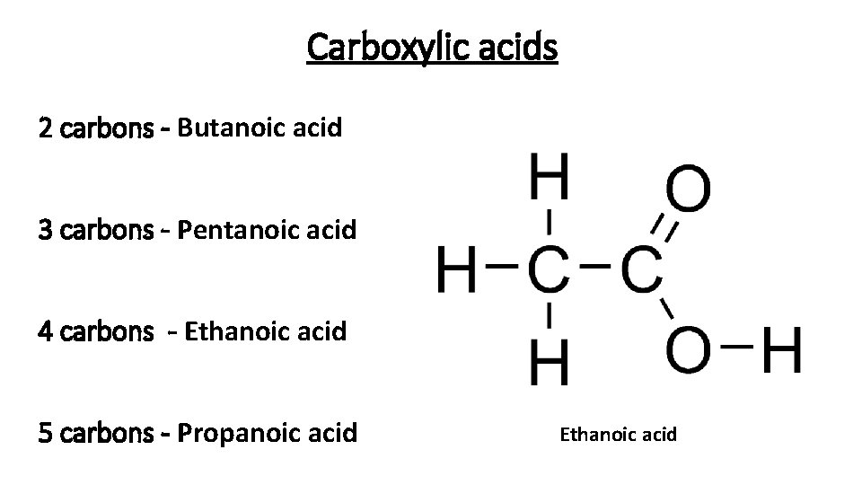Carboxylic acids 2 carbons - Butanoic acid. 3 carbons - Pentanoic acid 4 carbons