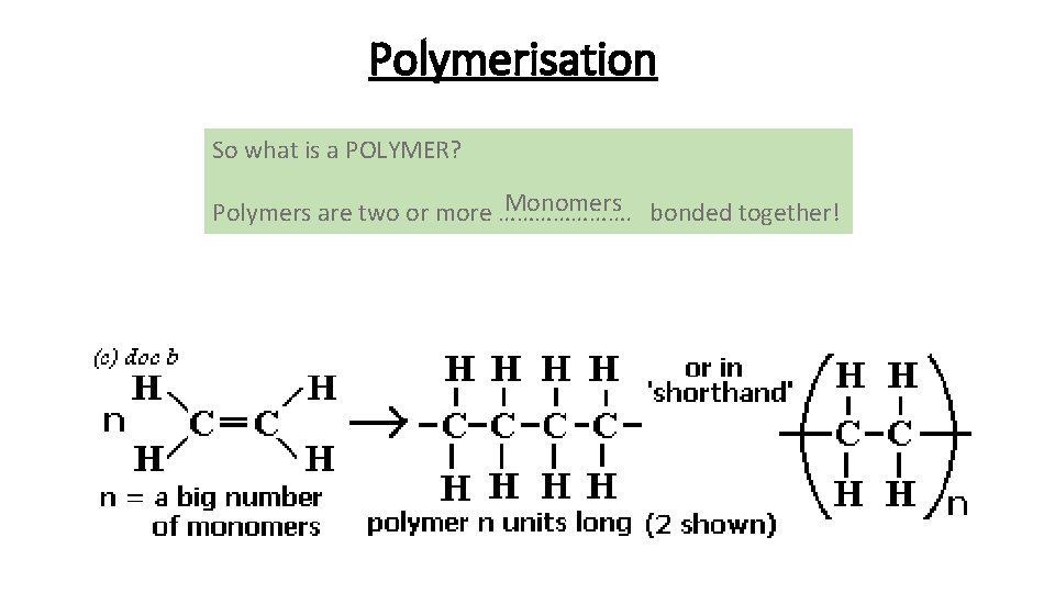 Polymerisation So what is a POLYMER? Monomers bonded together! Polymers are two or more