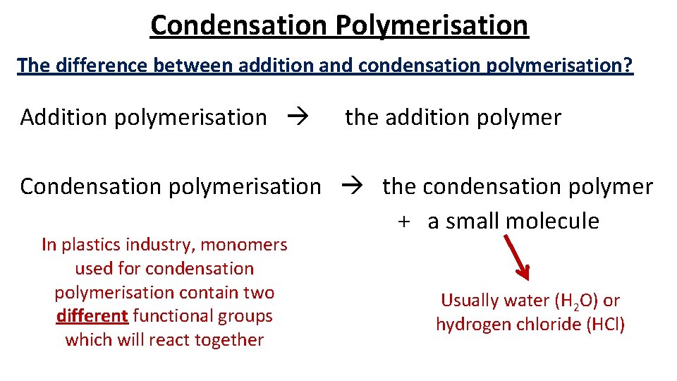 Condensation Polymerisation The difference between addition and condensation polymerisation? Addition polymerisation the addition polymer