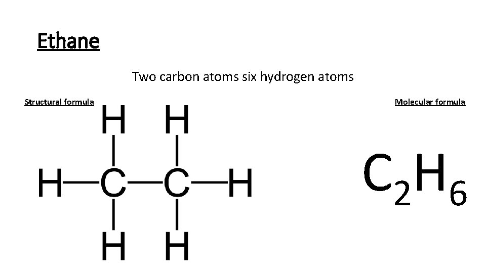 Ethane Two carbon atoms six hydrogen atoms Structural formula Molecular formula C 2 H