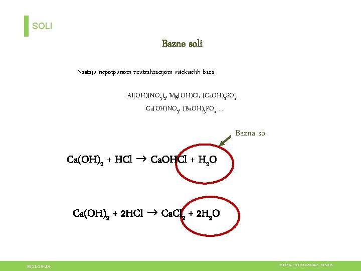 SOLI Bazne soli Nastaju nepotpunom neutralizacijom višekiselih baza Al(OH)(NO 3)2, Mg(OH)Cl, (Ca. OH)2 SO SOLI Bazne soli Nastaju nepotpunom neutralizacijom višekiselih baza Al(OH)(NO 3)2, Mg(OH)Cl, (Ca. OH)2 SO