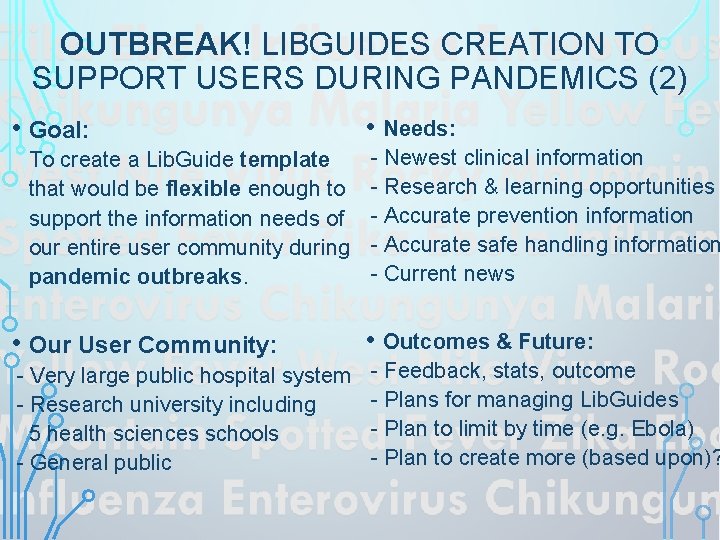 OUTBREAK! LIBGUIDES CREATION TO SUPPORT USERS DURING PANDEMICS (2) • Goal: To create a