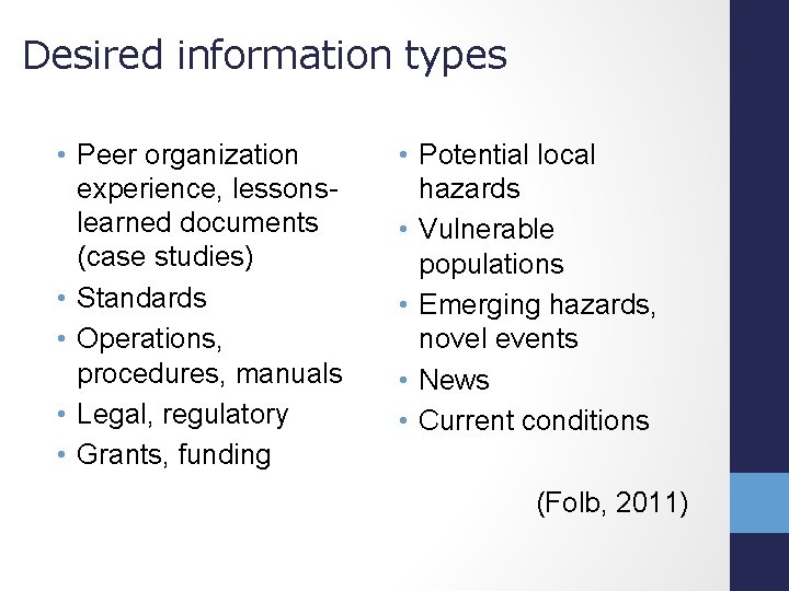 Desired information types • Peer organization experience, lessonslearned documents (case studies) • Standards •