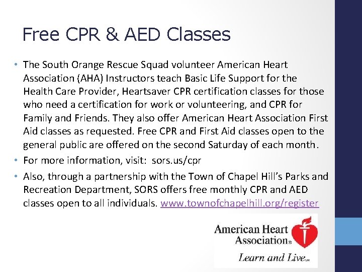 Free CPR & AED Classes • The South Orange Rescue Squad volunteer American Heart