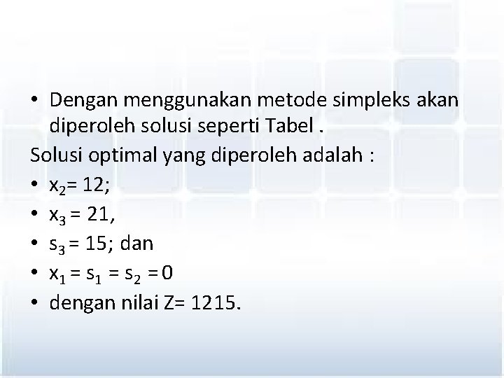  • Dengan menggunakan metode simpleks akan diperoleh solusi seperti Tabel. Solusi optimal yang