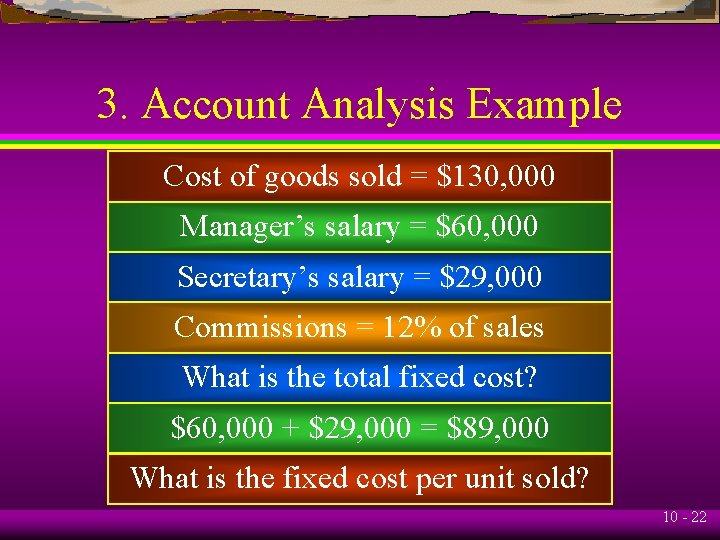 3. Account Analysis Example Cost of goods sold = $130, 000 Manager’s salary =