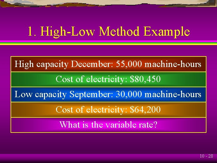 1. High-Low Method Example High capacity December: 55, 000 machine-hours Cost of electricity: $80,