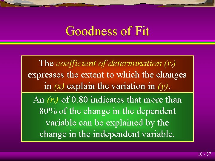 Goodness of Fit The coefficient of determination (r ) expresses the extent to which