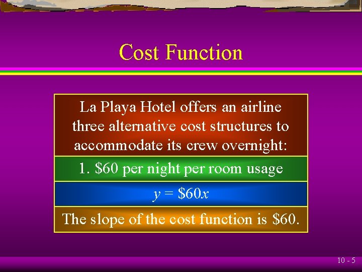 Cost Function La Playa Hotel offers an airline three alternative cost structures to accommodate