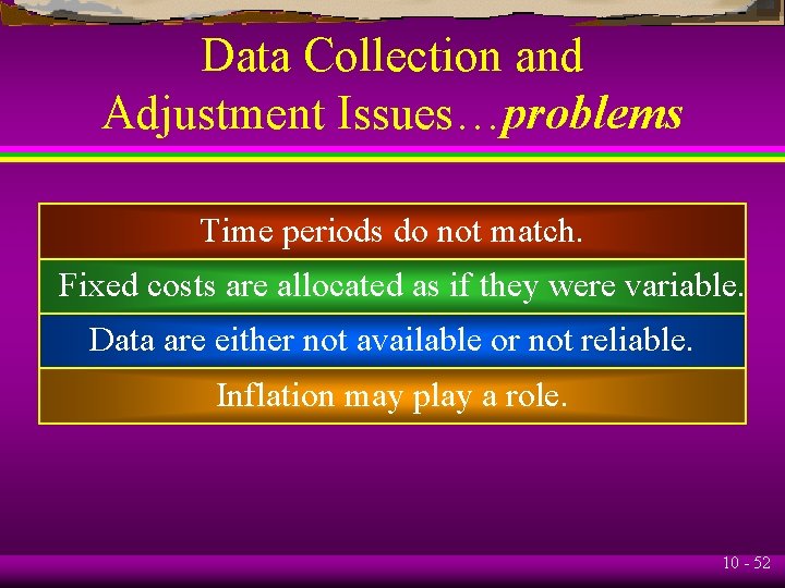 Data Collection and Adjustment Issues…problems Time periods do not match. Fixed costs are allocated