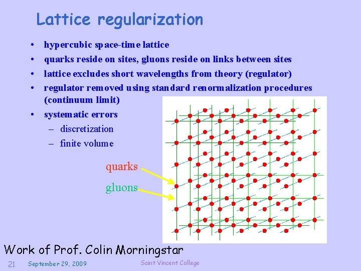 Lattice regularization • • hypercubic space-time lattice quarks reside on sites, gluons reside on
