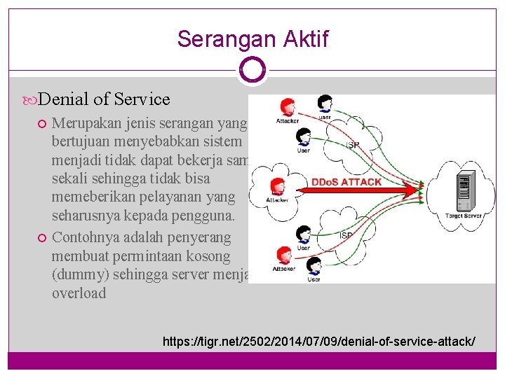 Serangan Aktif Denial of Service Merupakan jenis serangan yang bertujuan menyebabkan sistem menjadi tidak