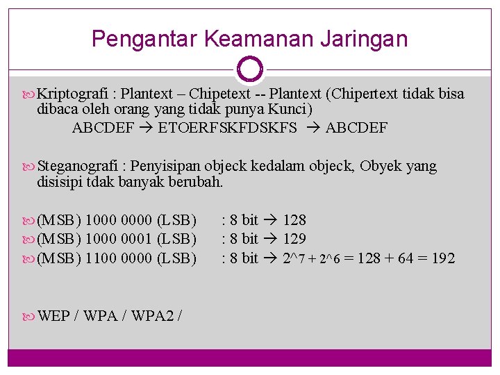 Pengantar Keamanan Jaringan Kriptografi : Plantext – Chipetext -- Plantext (Chipertext tidak bisa dibaca