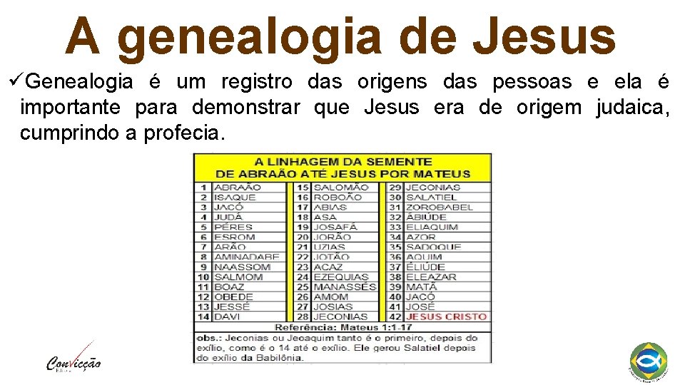A genealogia de Jesus Genealogia é um registro das origens das pessoas e ela