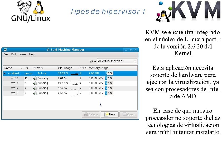 Tipos de hipervisor 1 KVM se encuentra integrado en el núcleo de Linux a