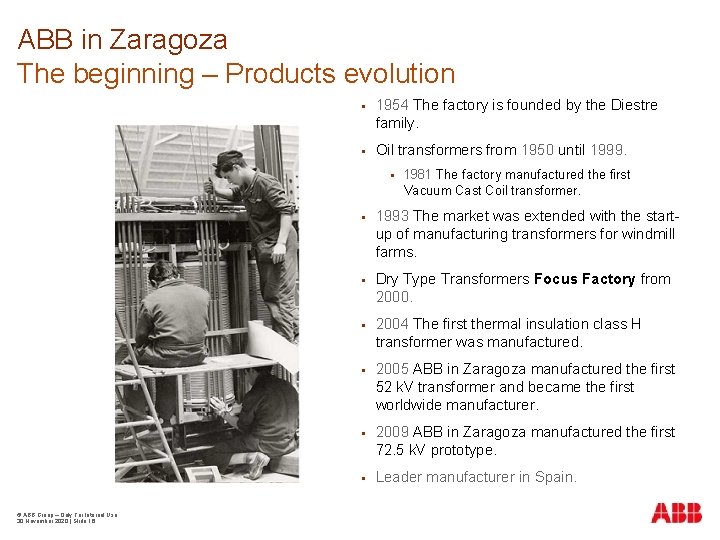 ABB in Zaragoza The beginning – Products evolution 1954 The factory is founded by